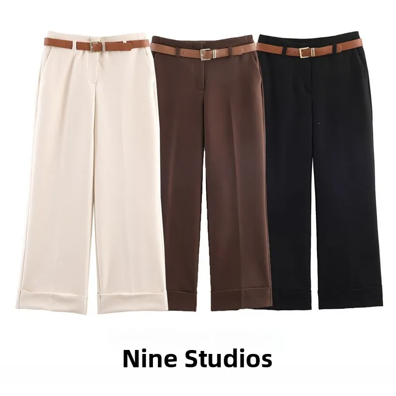 Casual Loose Cuffed Hem Belted Pants Long Trousers Women's Fashion European Style Natural Waist Other Material Ladies Pants
