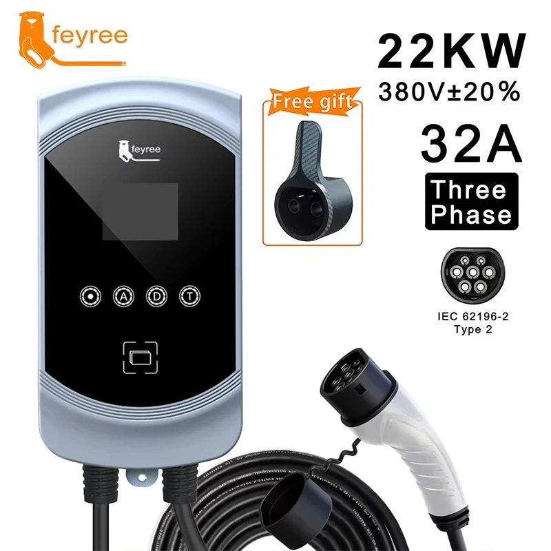 Feyree Type2 EV Charger 32A 7.6KW 1Phase EVSE Wallbox 11KW 22KW 3 Phase Fast Charging Station 5m Cable for Electric Vehicle Car