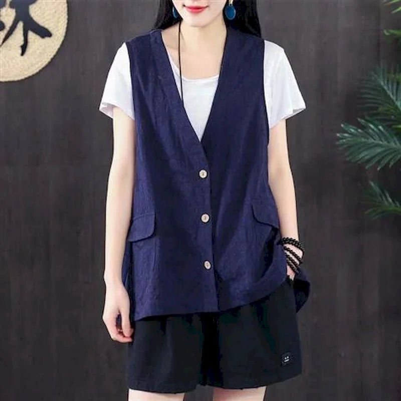 Sleeveless Vest for Women Tops Cotton Linen Solid Casual Loose Tanks V-neck Single Breasted Korean Style Cardigan Women Clothing