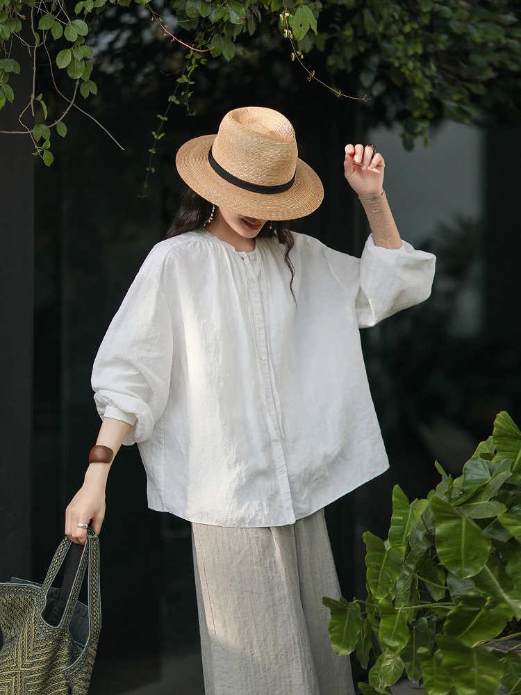 

Mallin Original Design Women's Spring Summer New Han Flax Linen Blend Artistic Lace Trim Splicing irt Breathable Thin Long ...