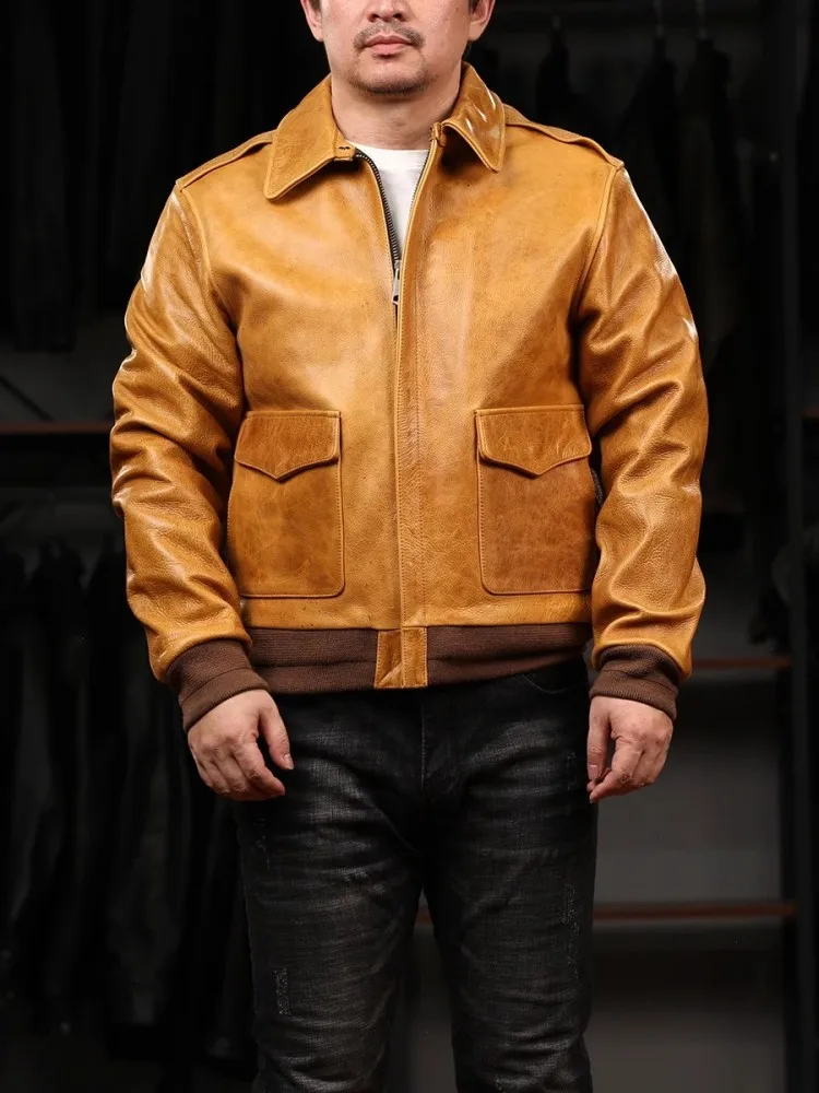 Vintage Mens High Quality Cowskin Genuine Leather Pilot Jacket Turndown Collar Classic Design Motorcycle Short Coat Streetwear