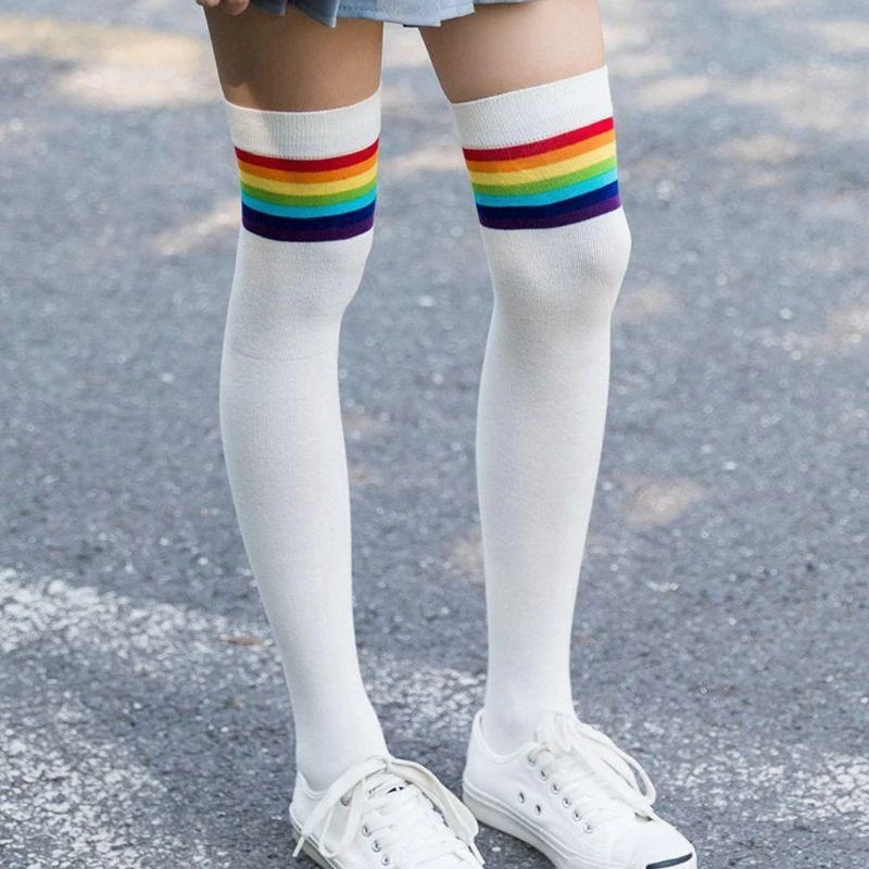 

Women Girls Over Knee Thigh High Stockings Rainbow Stripes Patchwork Long Socks 15UB