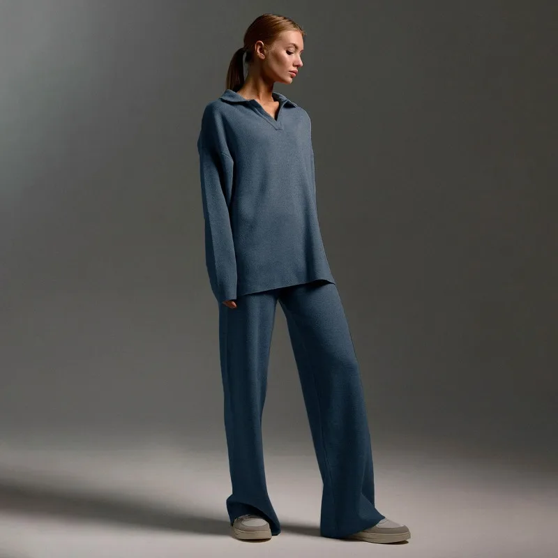 Autumn Winter High-End Knitted Wide Leg Pants Set Women's Casual Loose Sports Polo-Neck Sweater Two-Piece Set Pants Suits