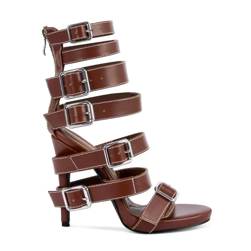 Belt Buckle Round Toe Ankle Women Summer Sandals Stiletto High Heels Back Zipper Design Large Size Fashion Show Shoes