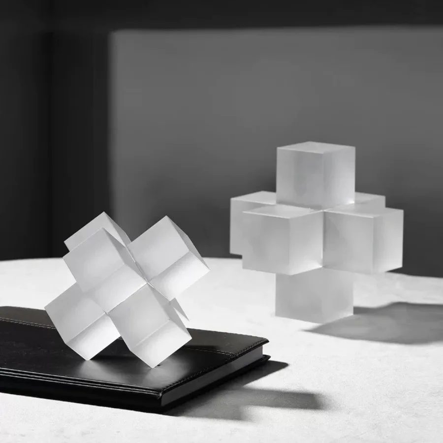 Minimalism Cross Crystal Ornaments Transparent Geometric Square Crystal Statue Desk Frosted Glass Crafts Sculpture Home Decor
