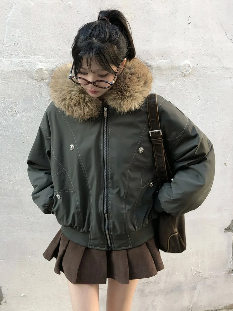 

Retro Hooded Fur Collar Jaet Women's Winter New Sle Fce Lined Cotton Coat Korean Sle Regular Fit Outerwear