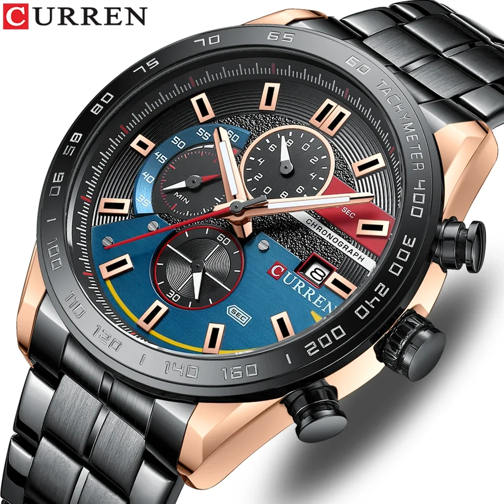 CURREN Men's Sports Watch Luxury Brand Quartz Clock Waterproof Strap Fancy Round Strap Men's Chronograph Luminous Calendar Clock