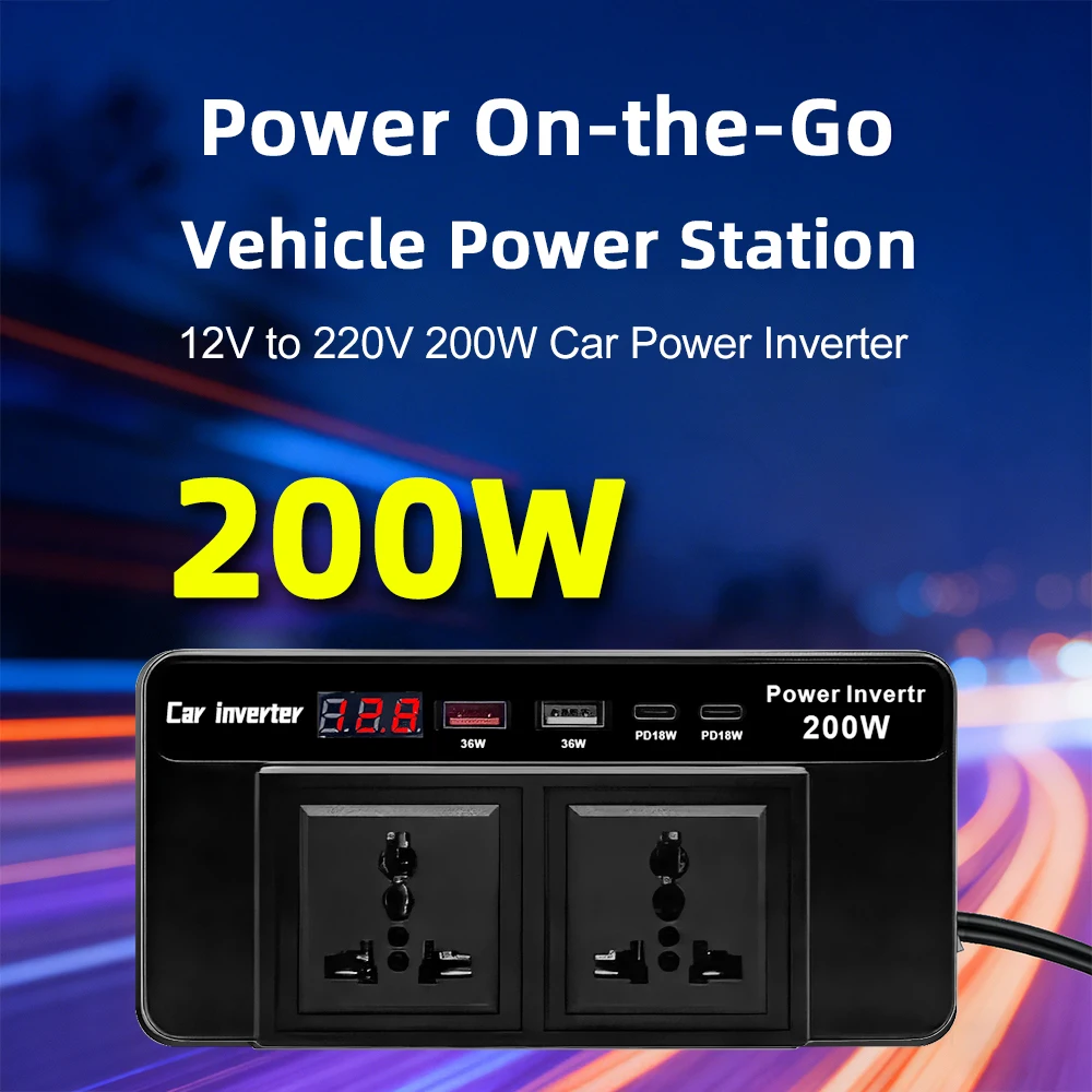 AC Socket DC/AC Converter 200W ​Car Inverter Auto Accessories With USB Type-C Charger Port QC 3.0 DC 12V to AC 220V