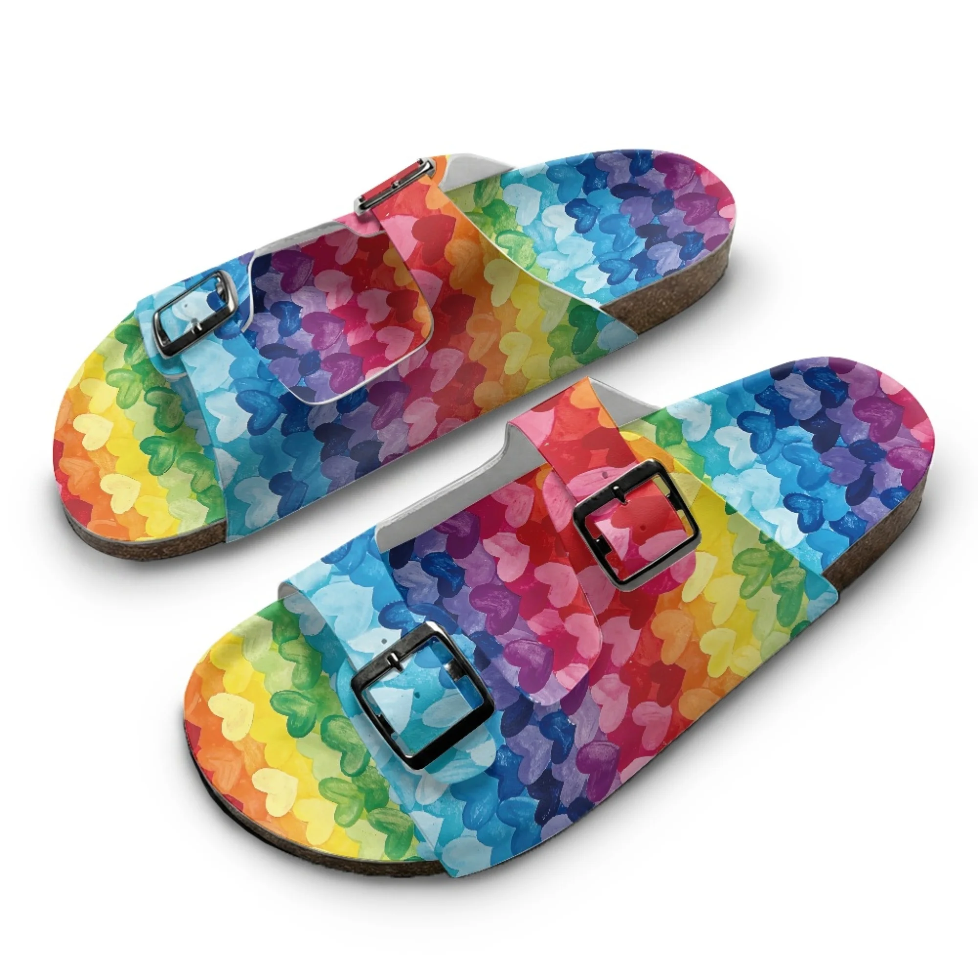 Rainbow Pattern Home Custom Slippers High Quality Unisex Casual Double Buckle Double Strap Wooden-soled Slippers