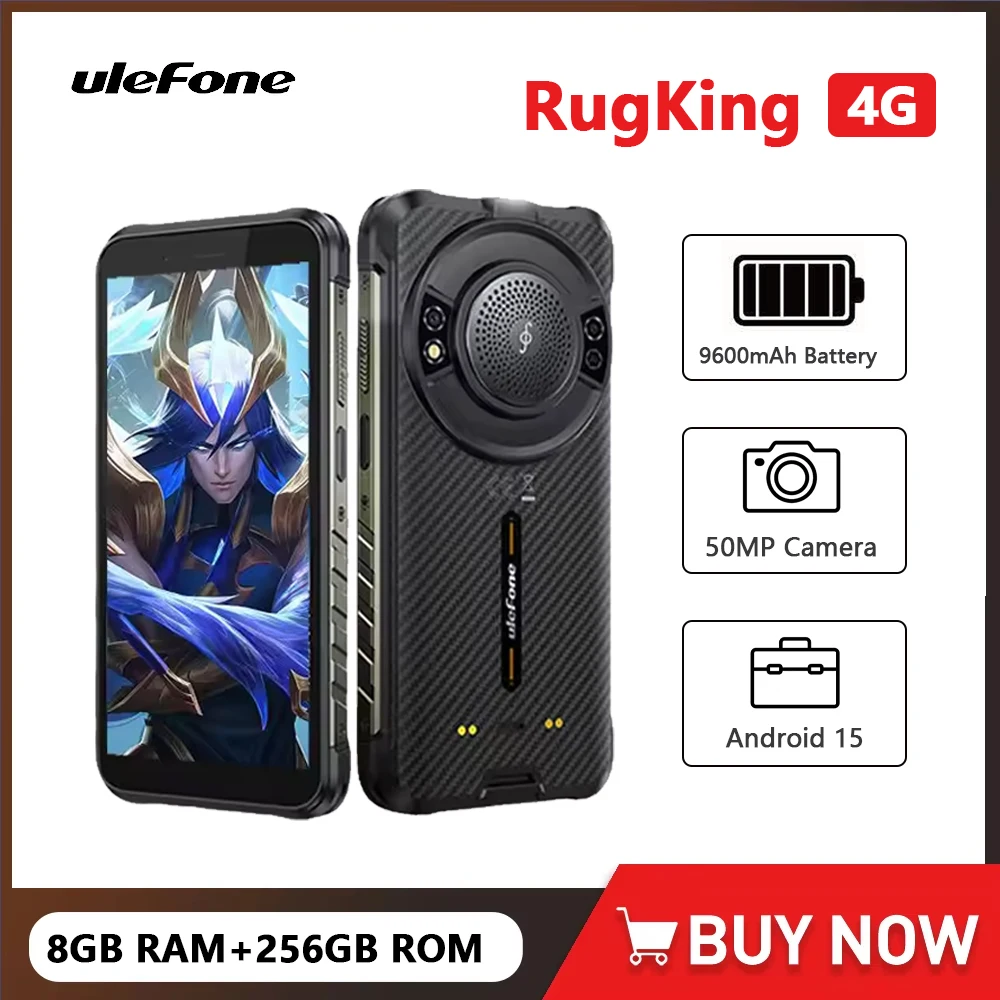 Ulefone RugKing 4G هاتف ذكي متين أندرويد 15 مقاوم للماء 5.99 بوصة 8 + 256 جيجابايت هاتف محمول 9600 مللي أمبير 50 ميجابكسل كاميرا رئيسية هاتف محمول NFC