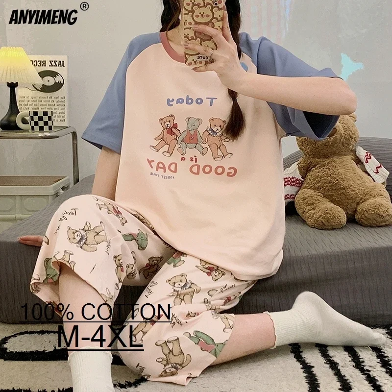 100% Cotton M-4XL Women Pajamas Set Summer Sleepwear Short Sleeve Knee-length Pants Nightwear Capris Loungewear Cartoon Pijama