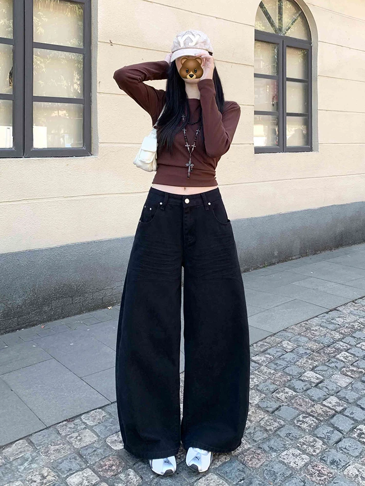 REDDACHiC novio negro Jeans mujeres Cleanfit cintura baja bigote lavado suelto pierna ancha barril pantalones Vintage Grunge ropa de calle