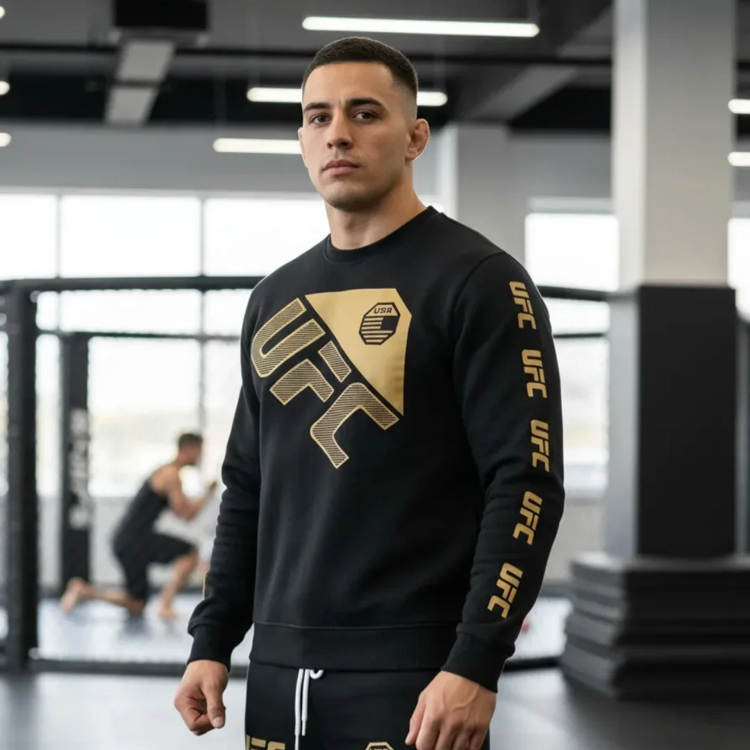 

UFC long-sleeved boxing and mixed martial arts style men's black crew-neck sweatshirt, a top for extreme sports enthusiasts