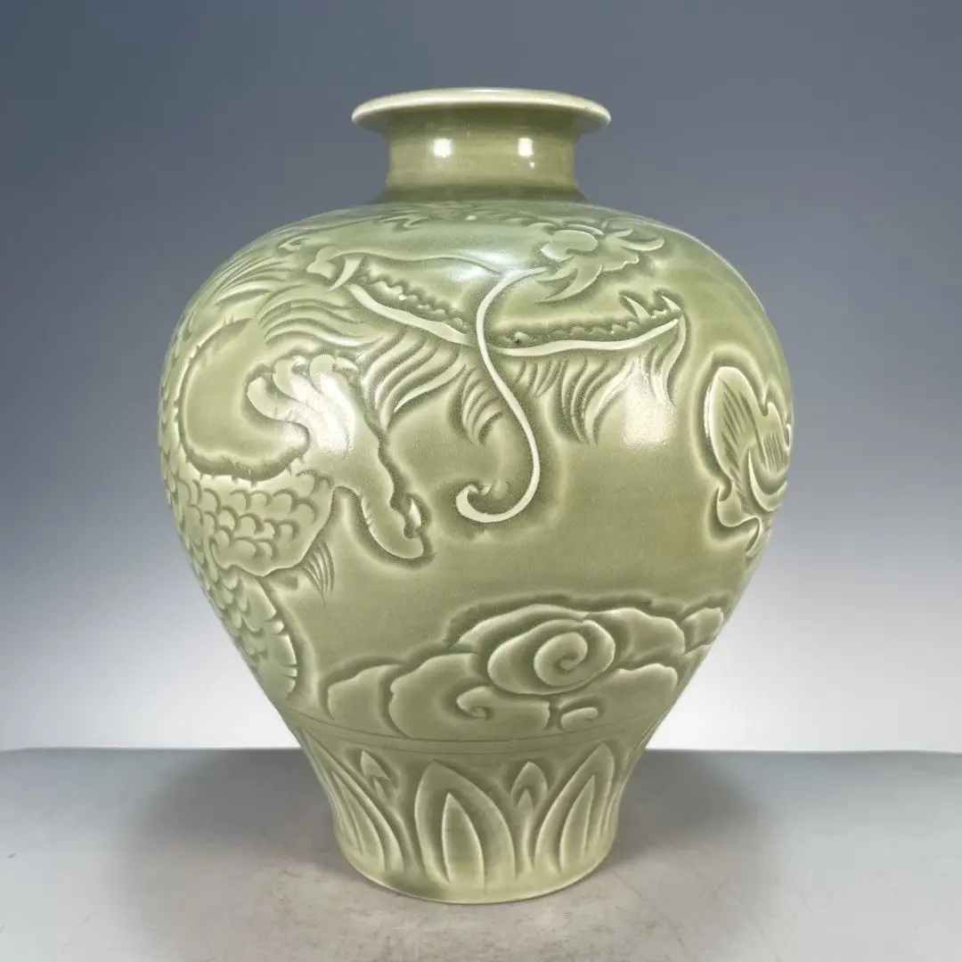 Antique Handcrafted Yaozhou Kiln Pottery Plum Green Glaze Carved Dragon Pattern Vase Ornamental Porcelain For Collection