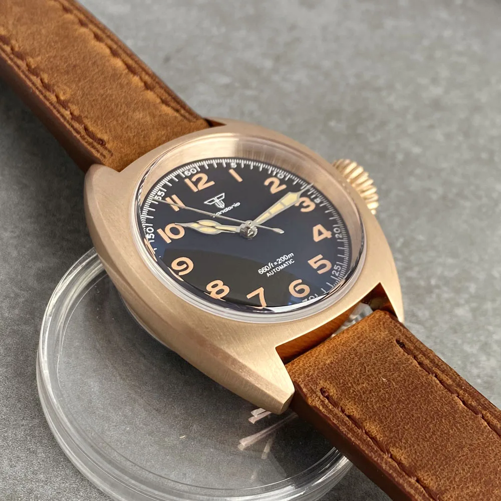 CUSN8 Solid Bronze Case Tandorio NH35 Domed AR Sapphire 36mm Lume Vintage Mechanical Watch Men 200M Dive Clock Leather Band