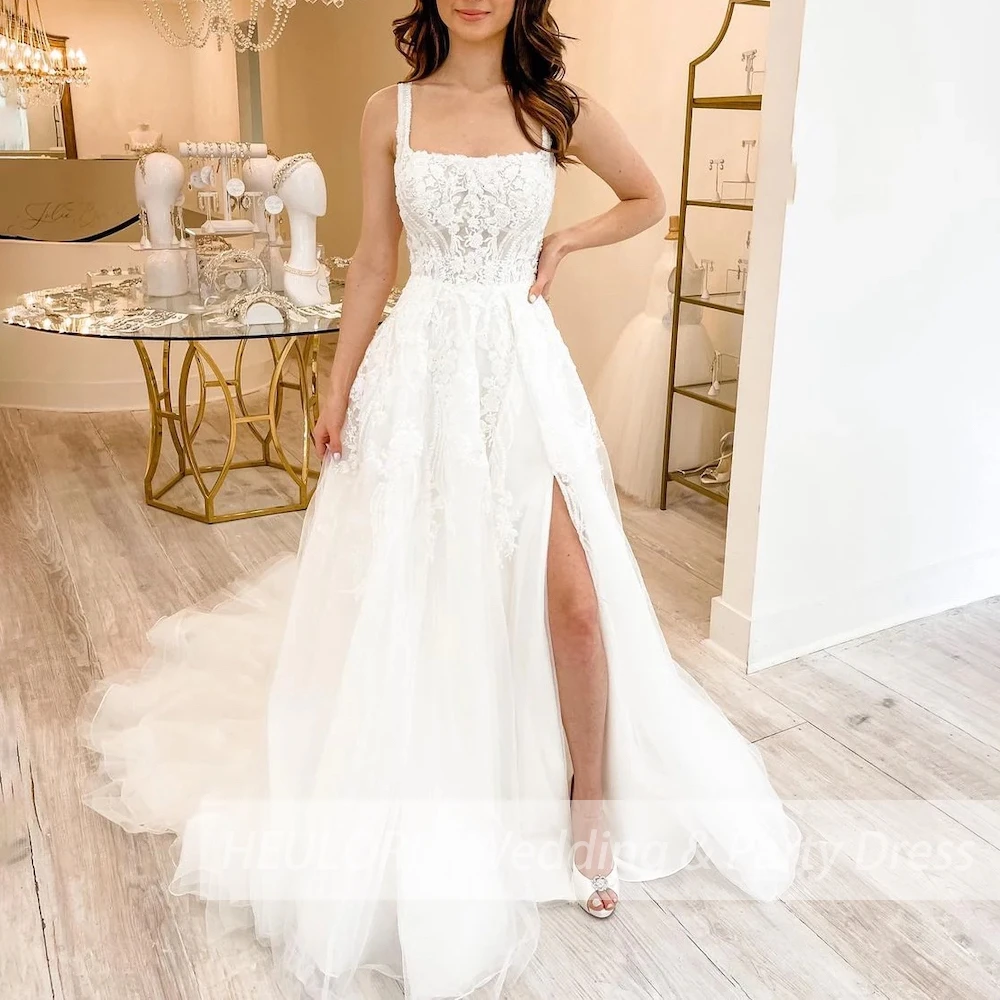 elegant square neck sleeveless wedding dress A line lace applique bridal dress Robe De Mariee Wedding Bride Dress