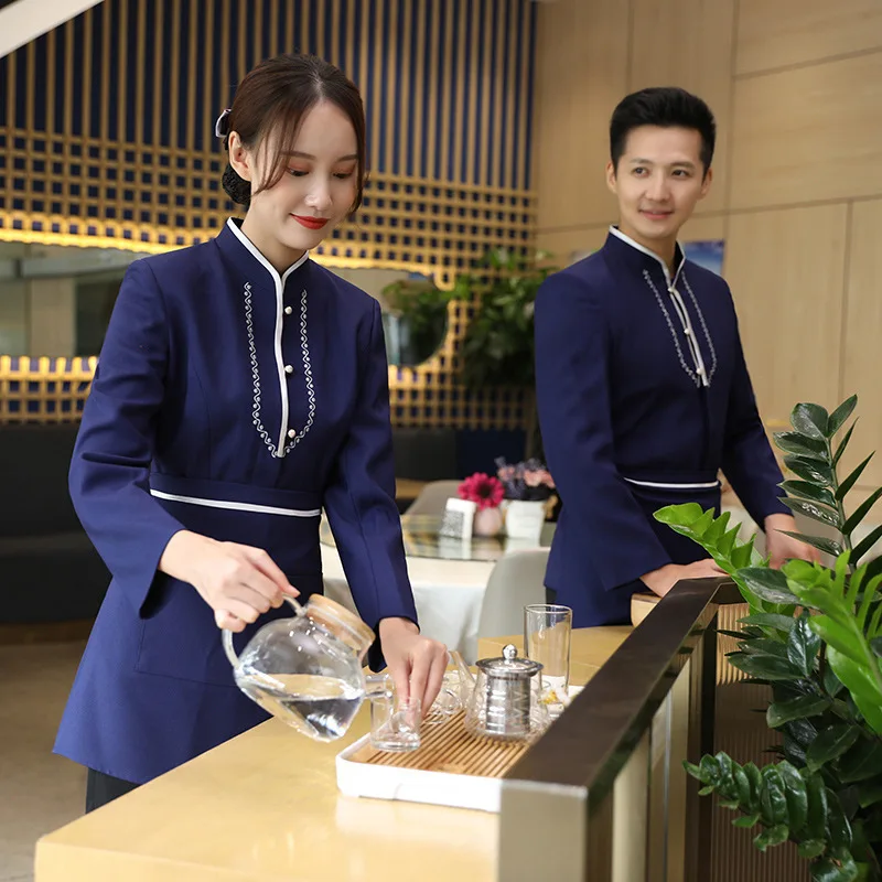 Uniformes de trabajo de Hotel Otoño Invierno mujeres Hot Pot restaurante barbacoa restaurante casa de té estilo chino camarero manga larga Unisex