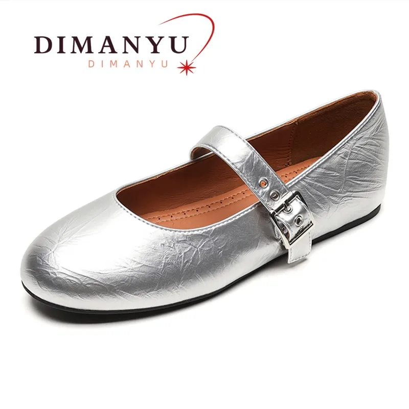 

DIMANYU Mary Jane Shoes Women 2024 New Flat Ballet Shoes Women Large Size Silver Women's Casual Shoes