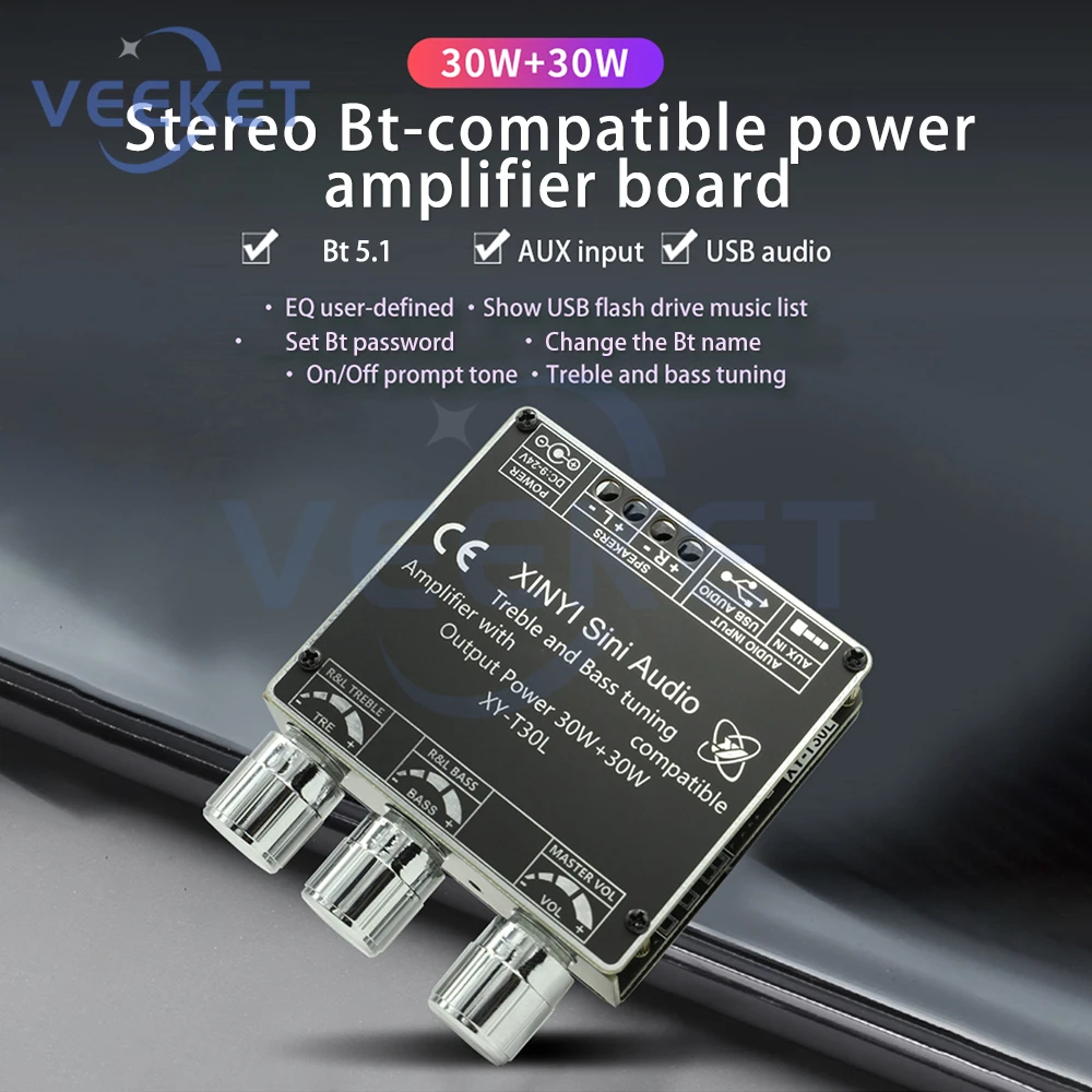 XY-T30L Bluetooth 5.1 Digital Amplifier Board Stereo 2.0 Dual-channel DC9-24V 60W With Bass and Treble Adjustment 20-20KHz