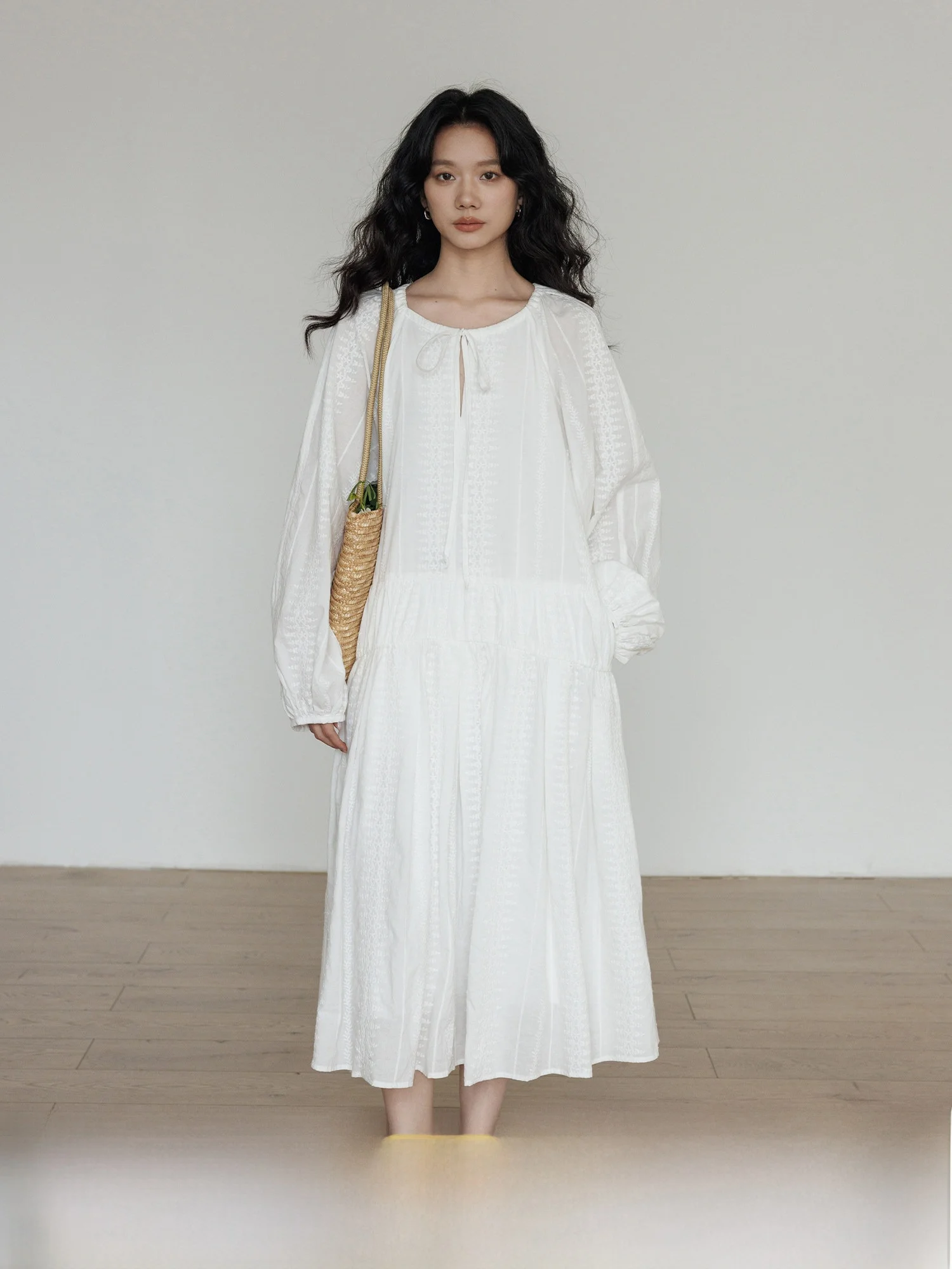 

Spring White Loose A-Line Dress Women's Shirt Dress round Neck Casual Style Long Skirt Polyester Cotton Blend City Commute