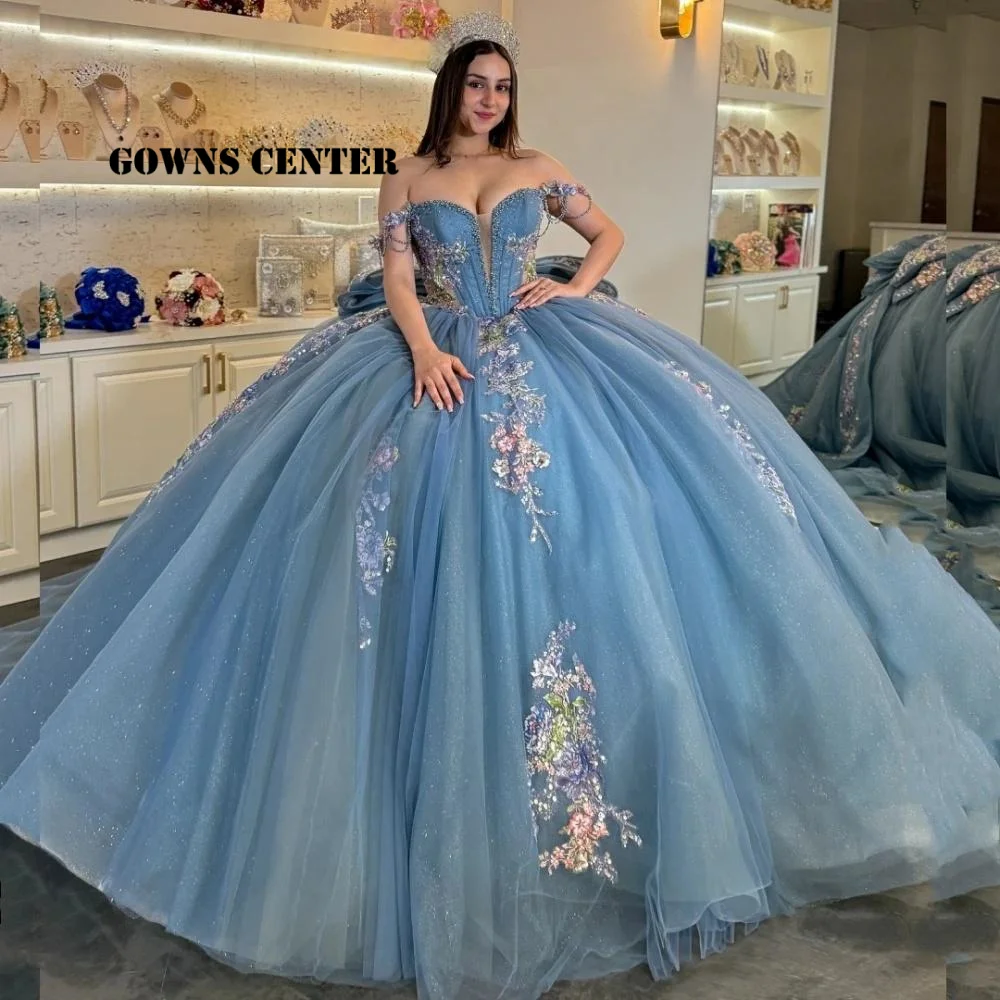 

Haze Blue Lace Appliques Off The Shoulder Quinceanera Dresses With Bow Ball Gown Corset Princess Dress vestidos Customized