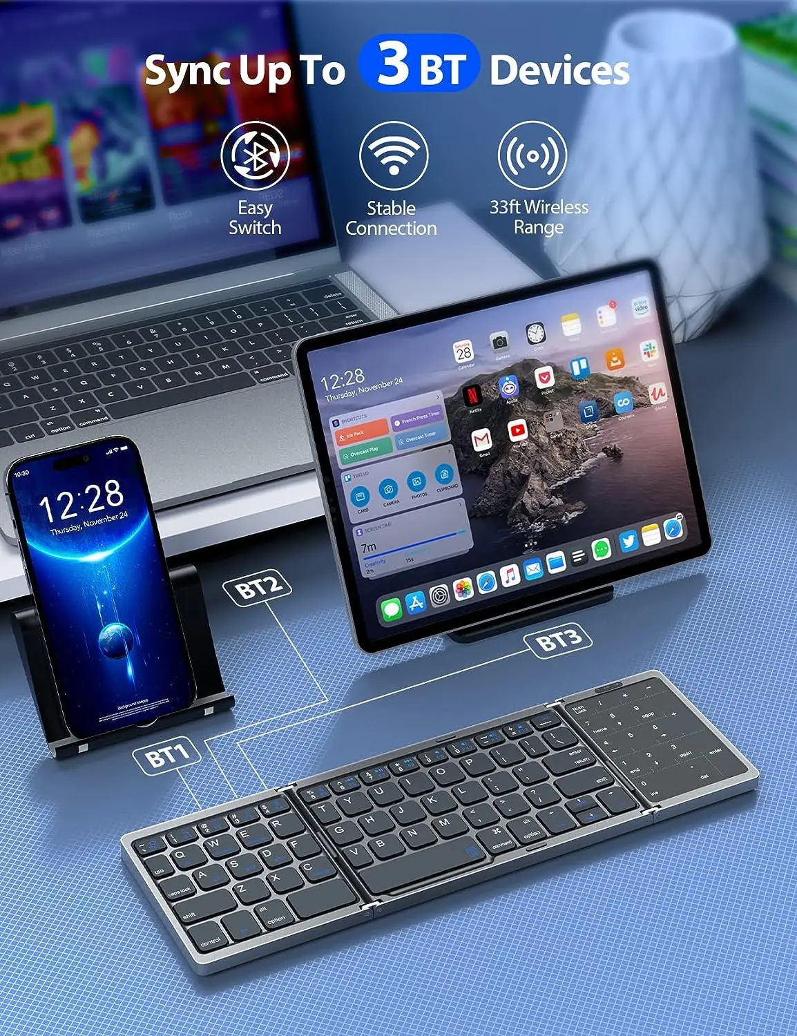 Foldable Keyboard,Portable MultiDevice Wireless Bluetooth Keyboard with Touchpad&Number Pad,Rechargeable Travel Folding Keyboard