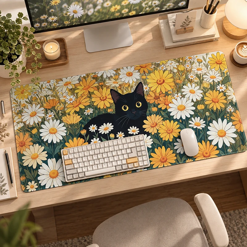 Mouse Pad Black Cat Autumn Daisies Gamer XL Custom Mousepad XXL Playmat Natural Rubber Soft Office Office Accessories Mice Pad
