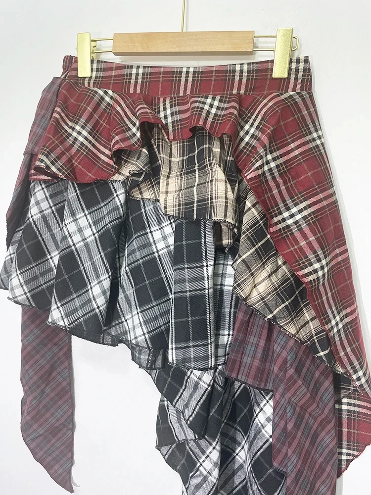 Streetwear Vintage High Waist A-line Skirts  All-match Clothing Irregular Patchwork Red Plaid Design Skirt Faldas 2024 summer