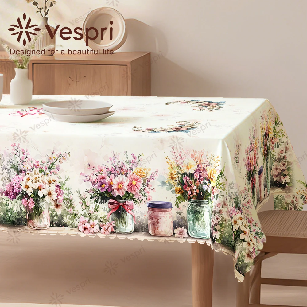 Vespri Frühlingstischdecke mit Floralem Osterdesign, Weiße und Rosa Blumen, Bänder, Rund, Rechteckig, Oval, aus Polyester