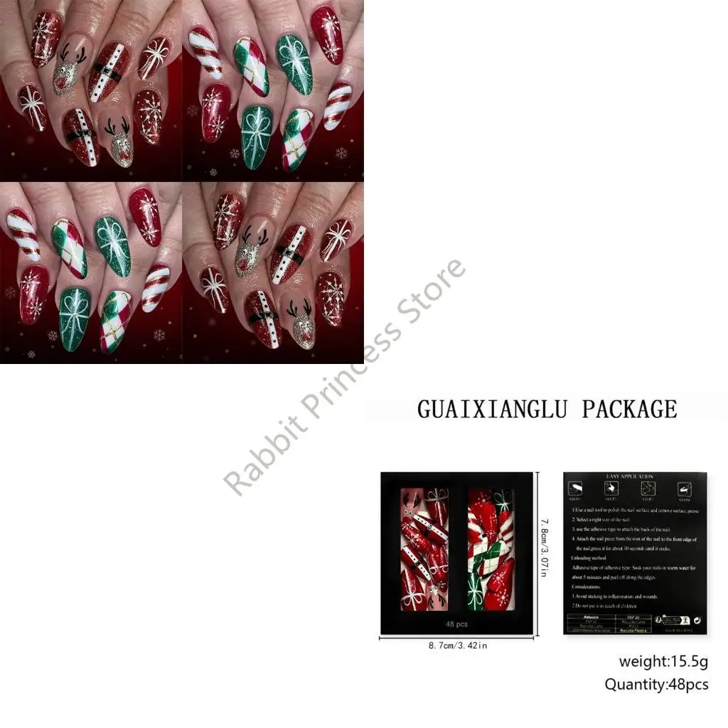 BX0F Festivo design scozzese rosso verde stampa unghie 48 pezzi/set pupazzo neve fiocco neve art