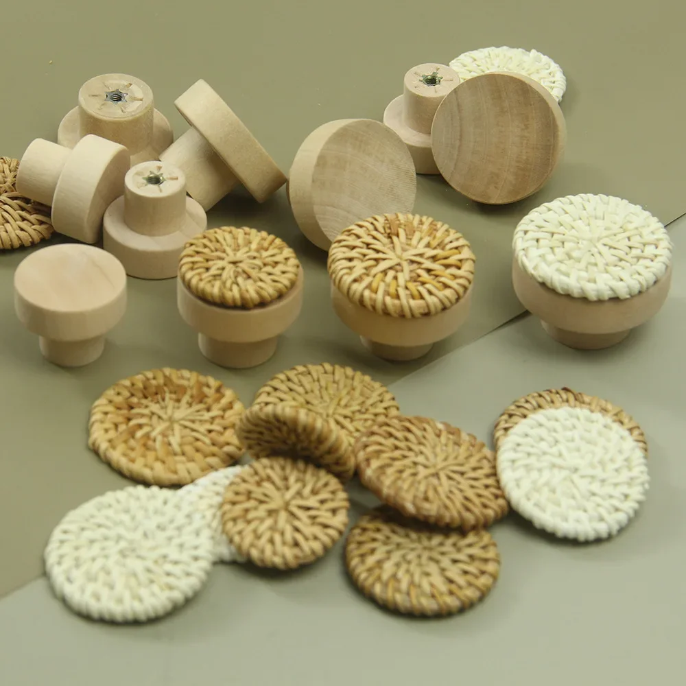 Rattan Wooden Drawer Knobs Round Handmade Cabinets Dresser Handles Wood Kitchen Cupboard Wardrobe Door Pulls for Furniture Sets