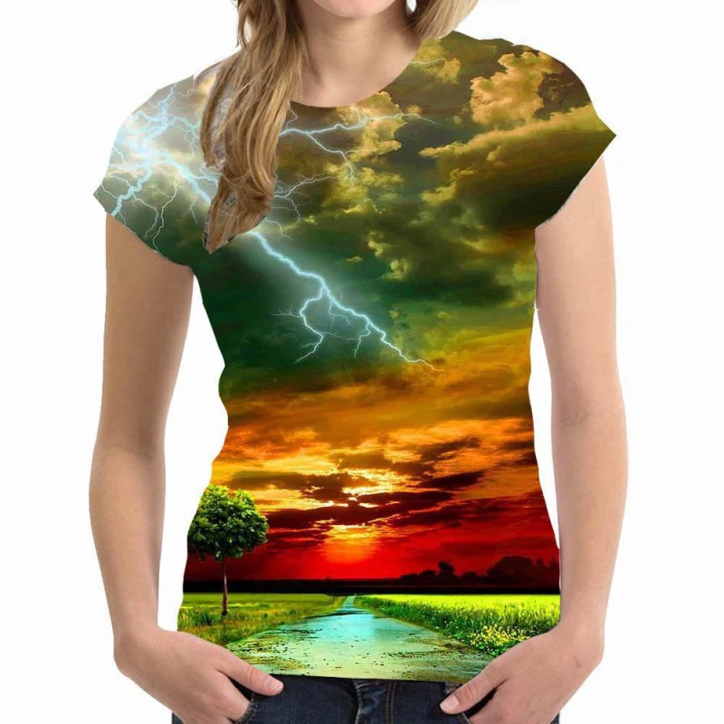 Summer Lightning Landscape 3D Print T-shirts Women Streetwear Casual Fashion Y2k Short Sleeve T Shirt O-neck Tees Tops Clothing