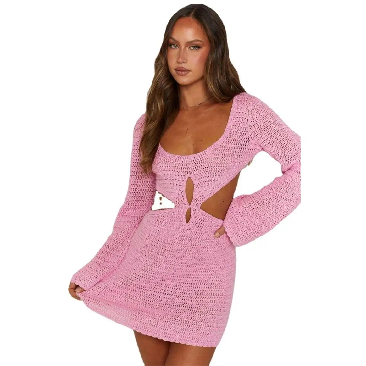 Sexy évider haut tricoté coupe basse Bal Dr femmes Faion automne nouveauté couleur Pure taille haute évasé Sve Dr