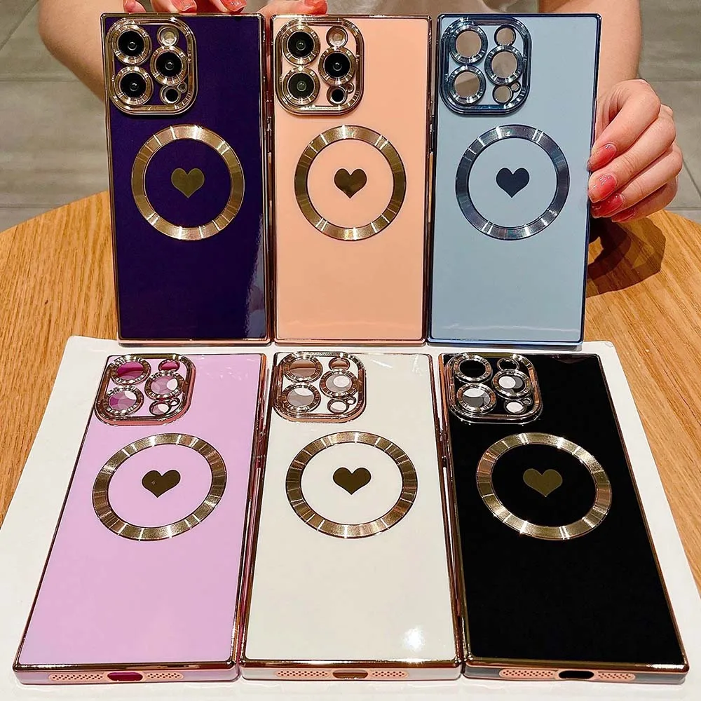 Rectangle Plating Edge Love Magnetic Case For iPhone 16 15 14 13 12 11 Pro Max Plus Shockproof  Soft TPU Cover Skin