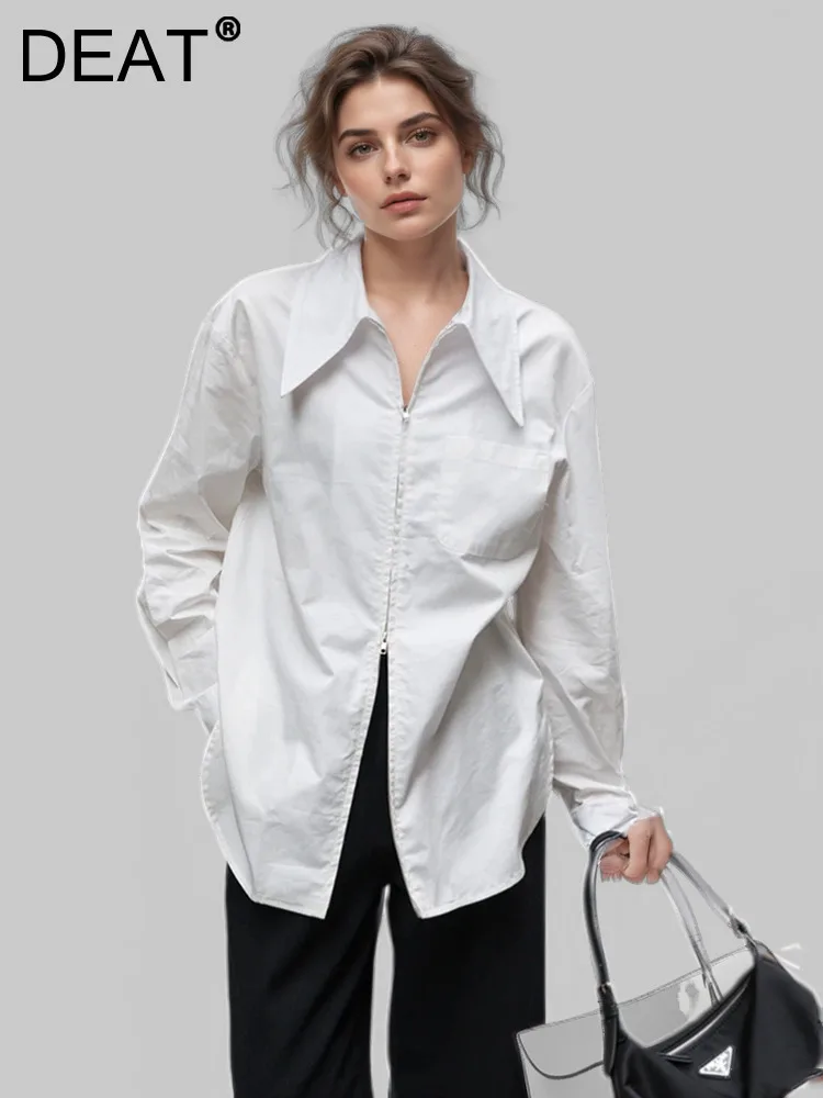 DEAT Fashion Women\'s Shirt Lapel Two Ways Zipper Pockets Side Split Solid Color Loose Versatile Blouse Autumn 2024 New 7AB4520