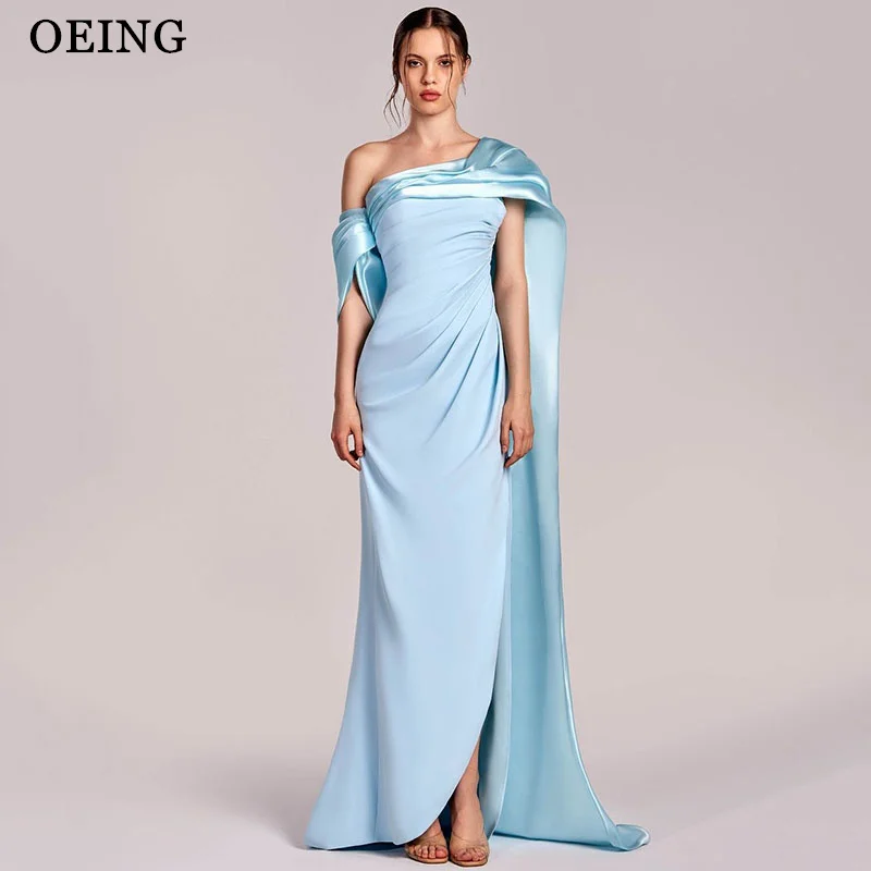 

OEING Blue Mermaid Side Split Prom Dresses One Shoulder Pleats Party Gowns Floor-Length Contrast Color Party Dress Customized