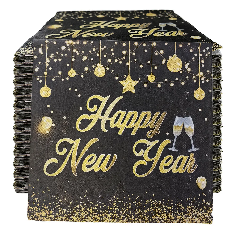 Happy New Year Napkins Black and Gold New Years Eve Disposable Tableware Party Table Decoration 2025 New Year Party Supplies