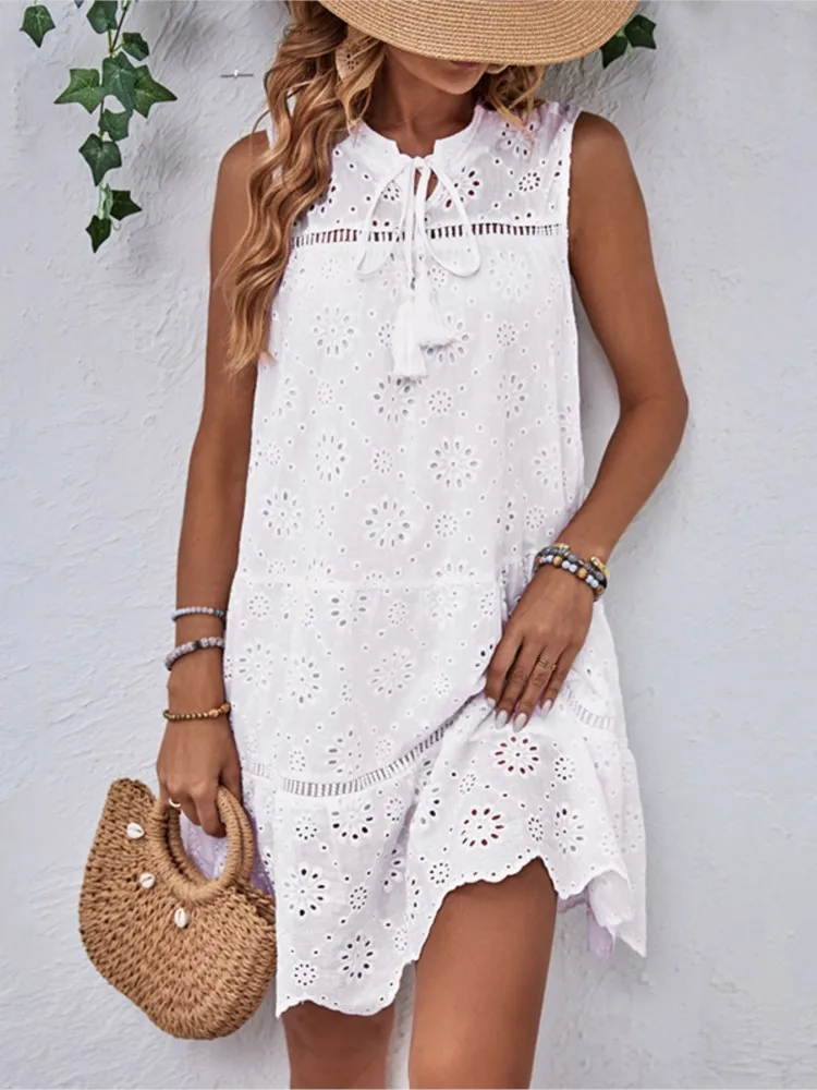 

Dresses 2025 Woman Casual Seaside Holiday French Pastoral Loose Dress Temperament Solid Color Simple Style Beachwear Leace-up