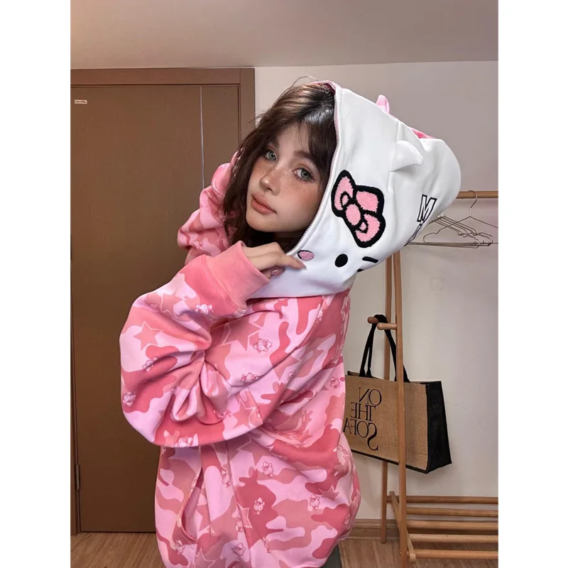 Kawaii Hello Kitty Women Hoodies Coat Autumn Winter Vintage Zip Up Loose Hooded Sweatshirts Y2K Long Sleeve Jacket Top Gift