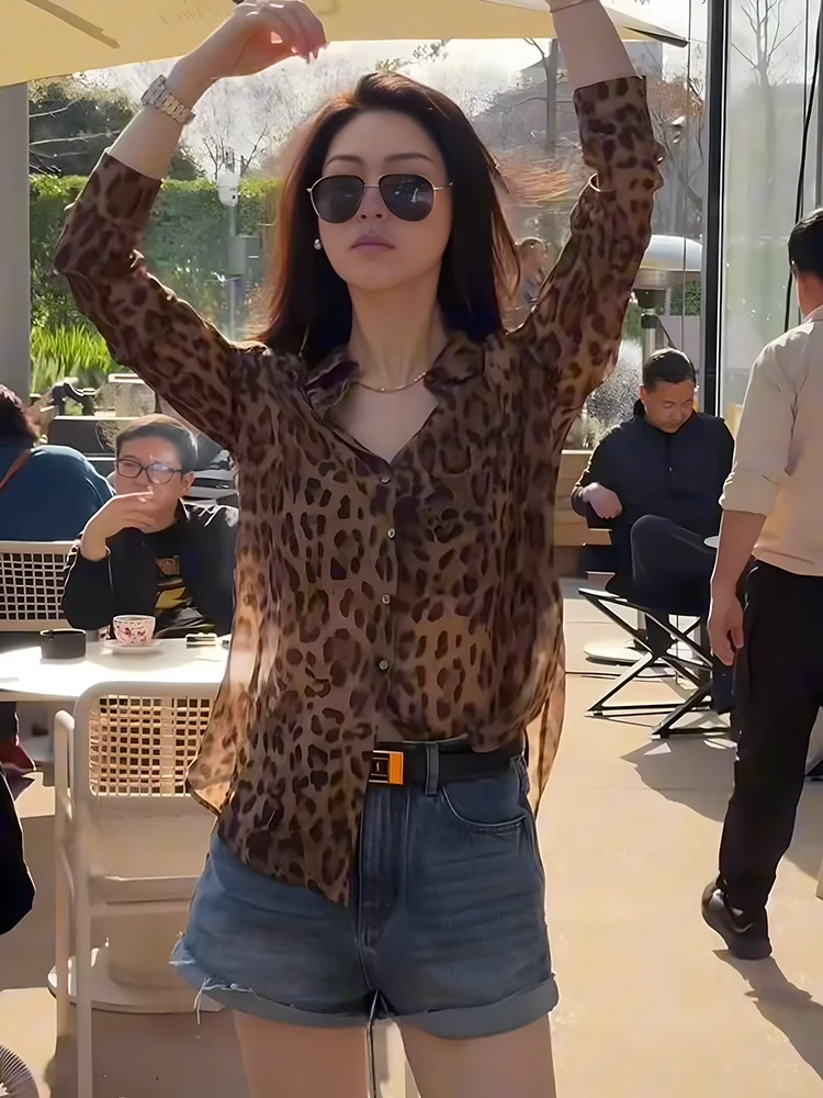 

Retro Style Loose Fit Long Sleeve Sun Protection Shirt Women's Spring Summer Thin Chiffon Design Sensation Leopard Print Top