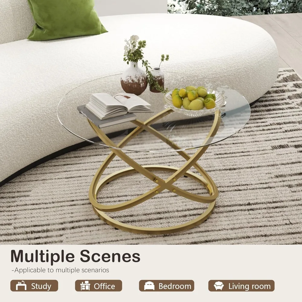 31 Glass Coffee Table, Modern End Table with Ring Gold Metal Frame, Round Glass Coffee Table for Decoration, Small Gold Coffee T