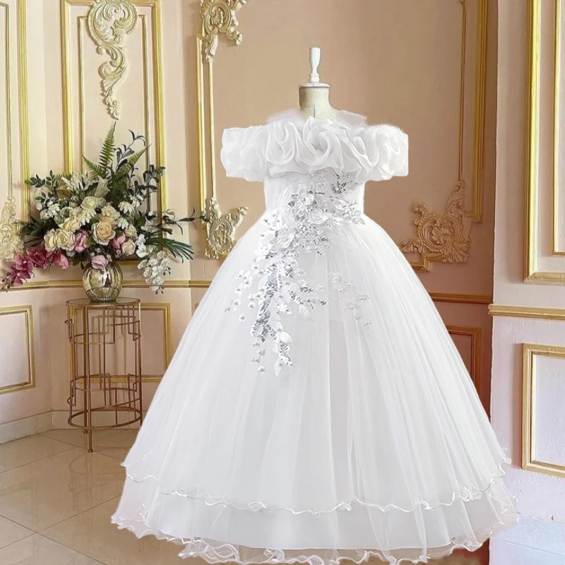 Floral Mesh Dress For Kids Girls White Formal Gown For Valentine's Day Party Wedding Prom Ball Dance Performance Elegant Fancy