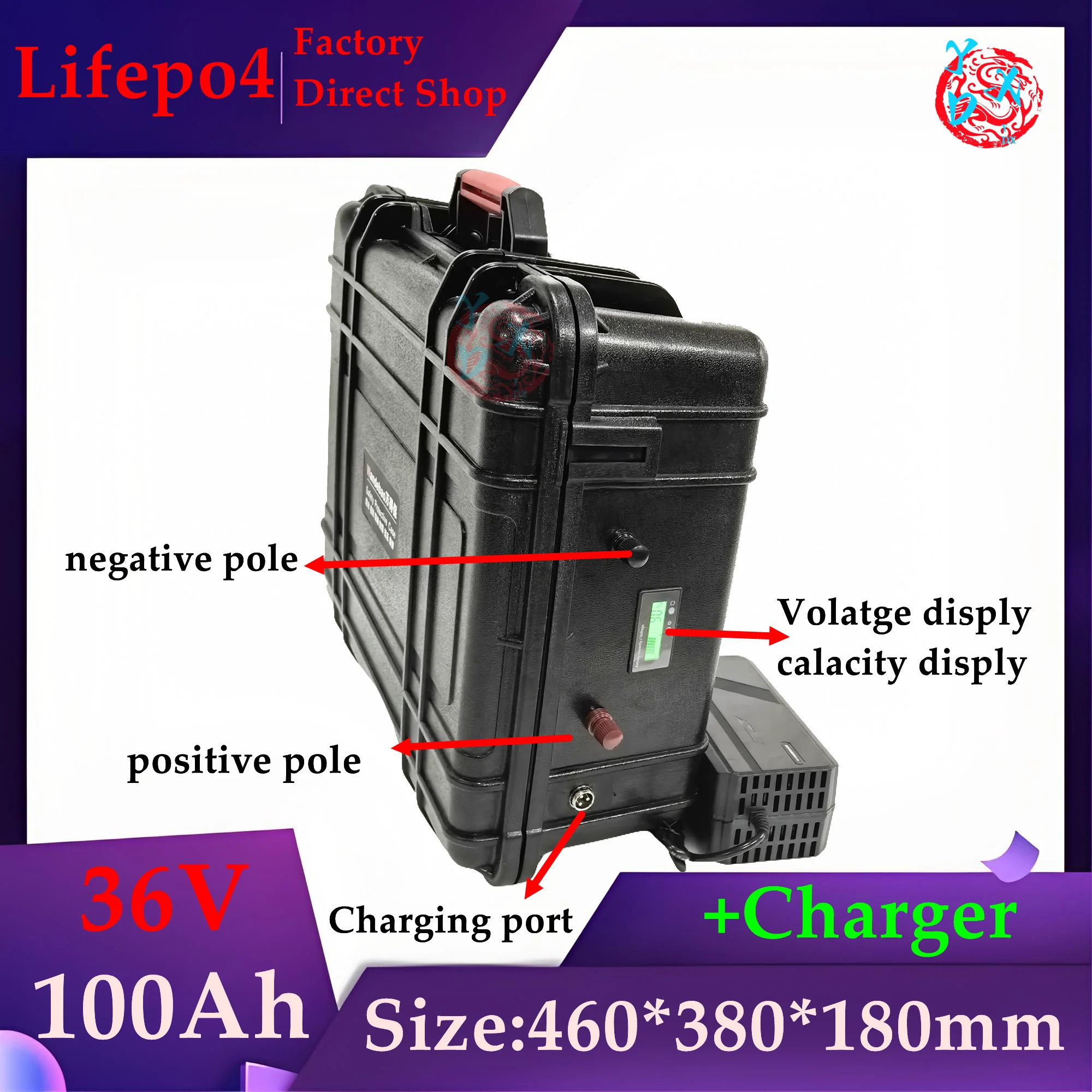 waterproof 36V 100AH lifepo4 lithium rechargeable battery for 4000w tricycle bicycle UPS bike scooter boat +10A Charger