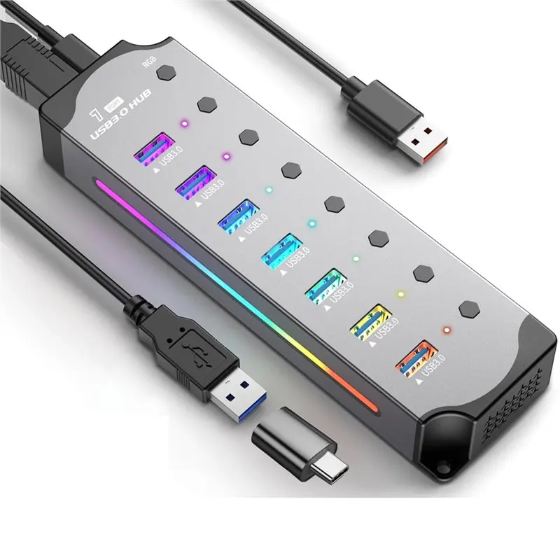 

A23F-USB 3.0 Hub High Speed USB 7-In-One Splitter Individual Power Switches RGB Aluminum Gaming USB Hub 3.0 For Laptop PC