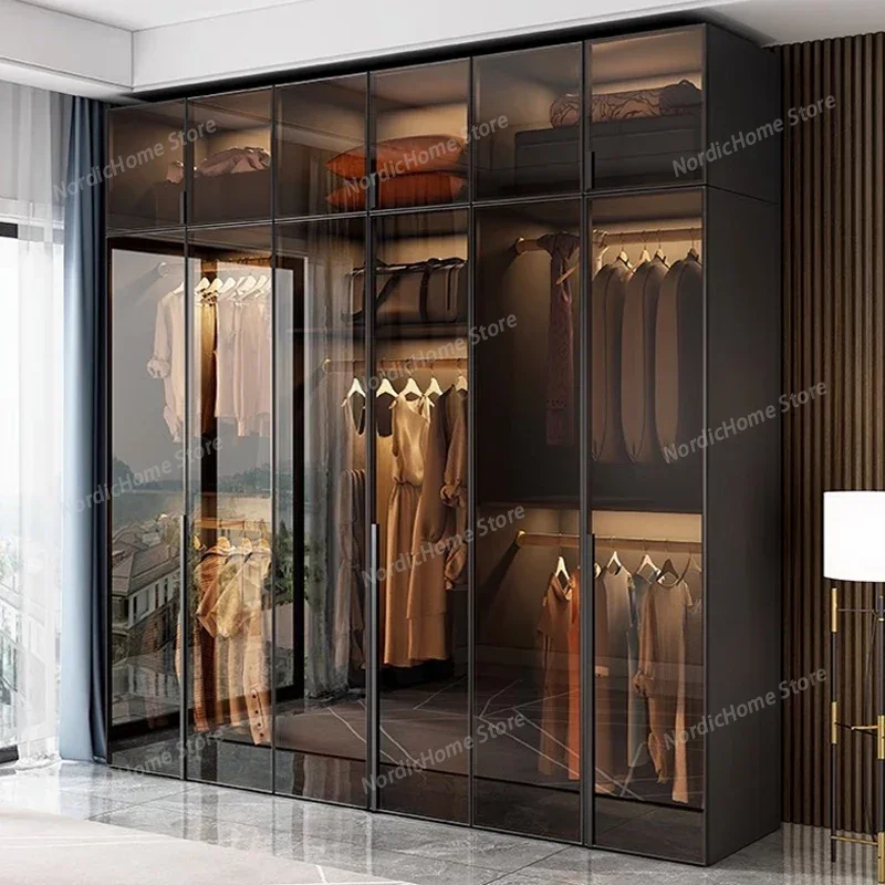Aesthetic Glass Doors Wardrobes Black Vertical Retractable Storage Home Wardrobes Clothes Sliding Armario De Ropa Furniture