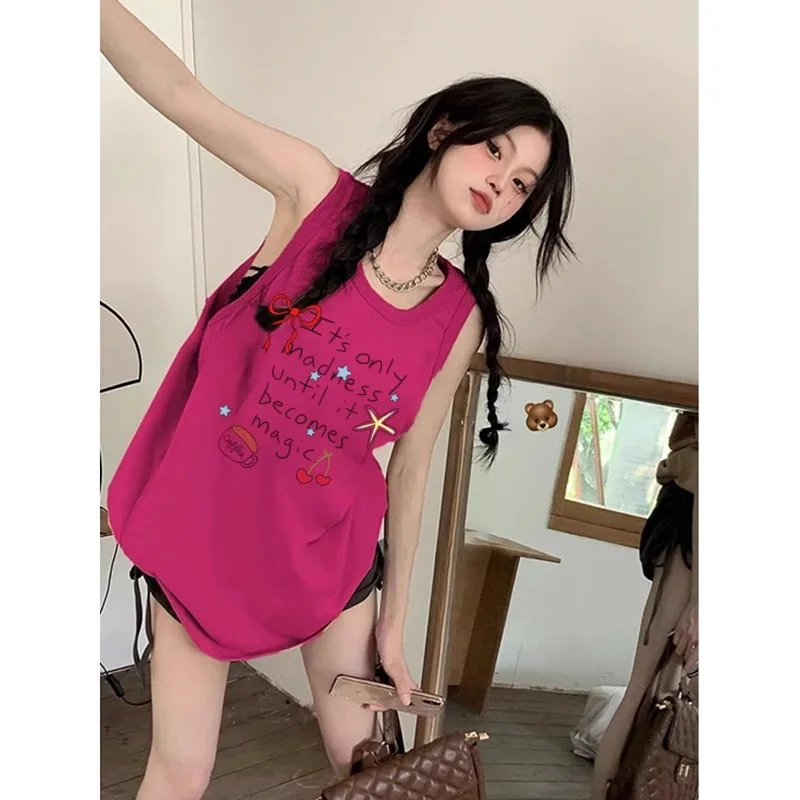 

Футболки с принтом, летние свободные майки для девочек, пуловер, жилет, повседневные женские уличные топы, футболки без рукавов, хлопковые подтяжки средней длины