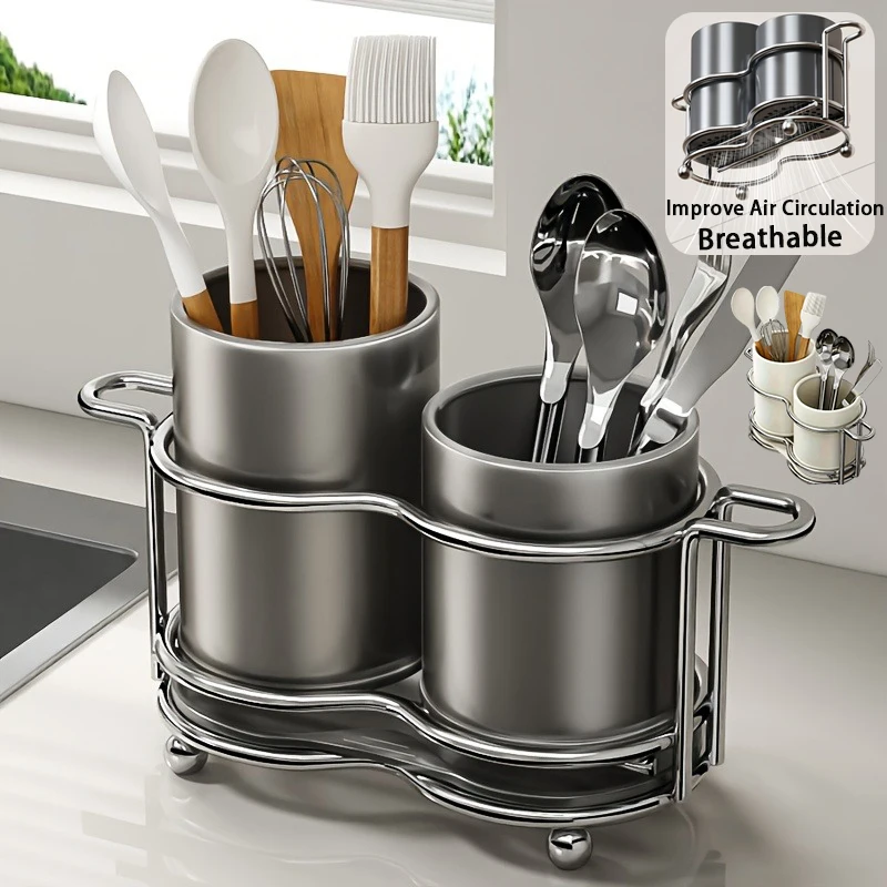 

Stainless Steel Wall-Mounted Utensil Holder Cutlery Holder with 2 Compartments Cutlery Storage Organizer Kitchen and Countertop