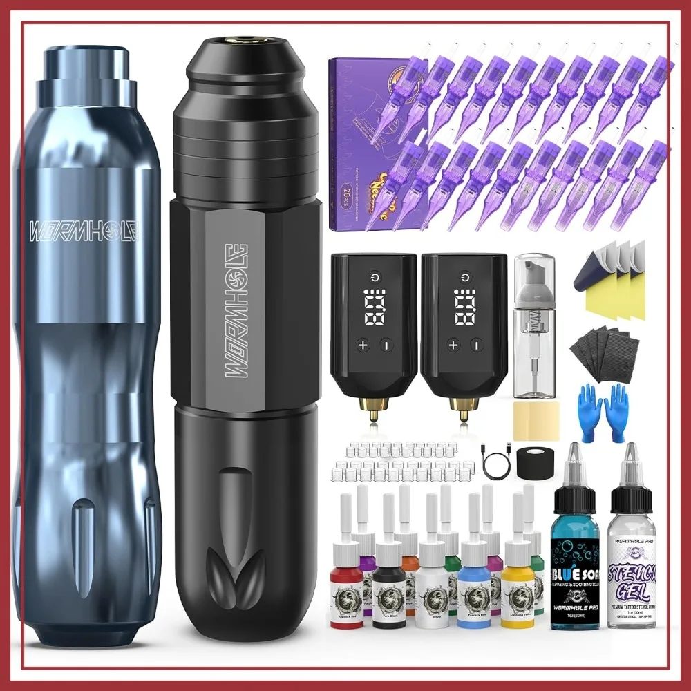 

Professional Wireless Tattoo Gun Kit – Dual Tattoo Pens, 2x1200mAh Batteries, Inks, Practice Skin & Full Accessories