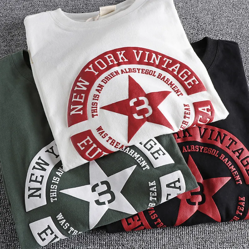 Summer New American Retro Short Sleeve O-neck Pentagram Letters Printed T-shirt Men's Fashion 100% Cotton Washed Old Casual Tops