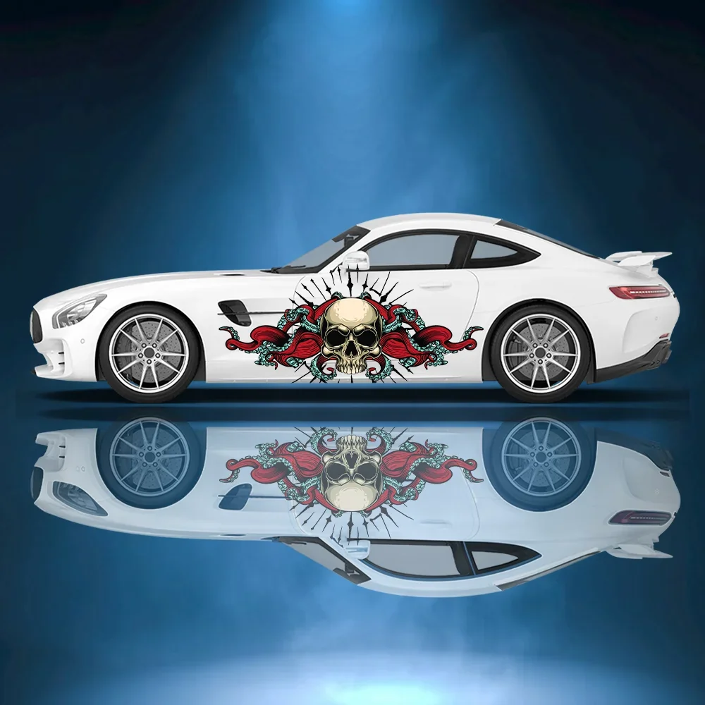 Skull Head with Red Rose Decoration Car Side Sticker Vinyl Self-adhesive Paper Motorsport Paint Decal Suitable for Truck Suv